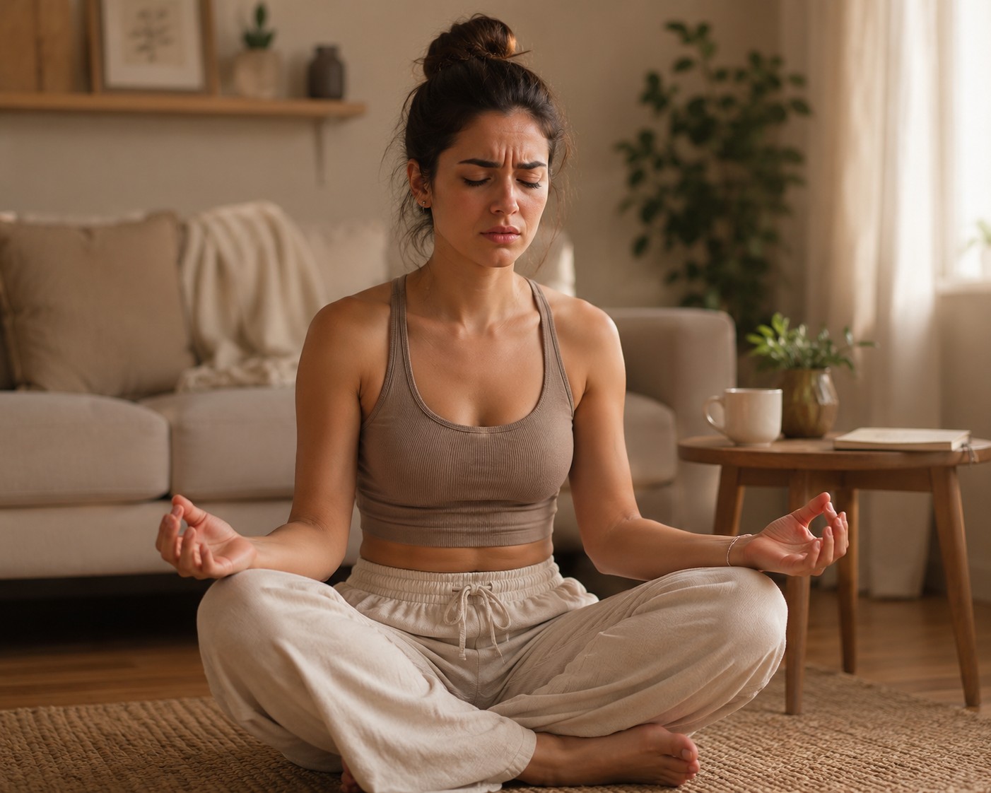 Pessoa tentando meditar com expressão frustrada